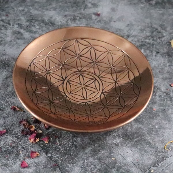 Flower of Life Copper  Offering Bowl, Altar Bowl, Sacred Geometry- 6"