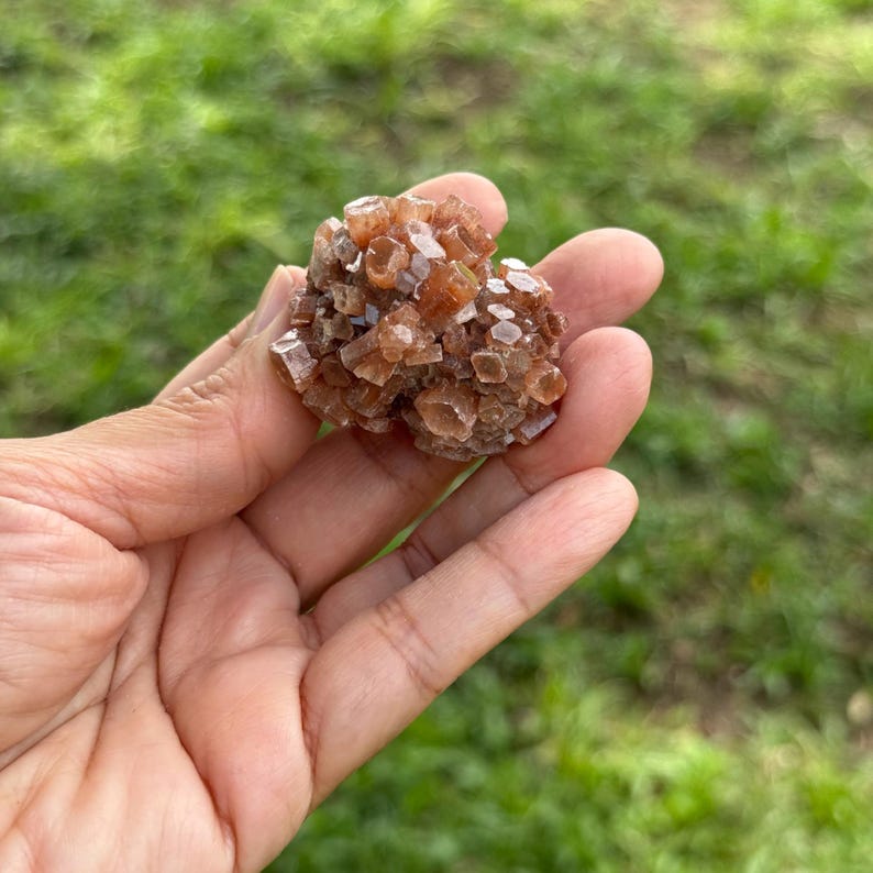 May include: A cluster of aragonite crystals, showcasing a warm, earthy palette of brown and tan hues. The crystals have a unique, clustered formation, held in an open hand against a backdrop of green grass.