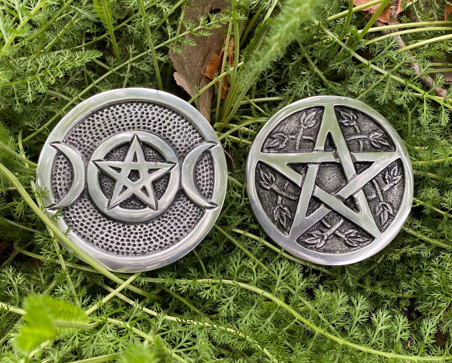 Silver Triple Moon Altar Tile: Aluminum Sacred Space Plate (3.5" D)