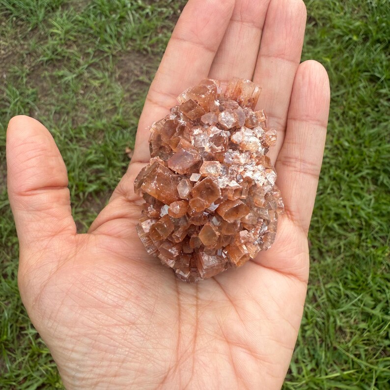 May include: A cluster of aragonite crystals, showcasing a warm, earthy palette of brown and tan hues. The crystals have a rough, textured surface and are held in an open hand against a backdrop of green grass. The aragonite formation is a natural mineral specimen.