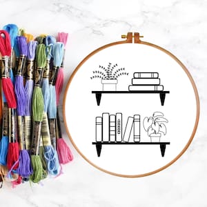 PDF Hand Embroidery Pattern, Beginner, Bookshelf, Plants, Book Lover, Plant Mom, Bookworm, Plant Lady, Multiple Sizes, Printable