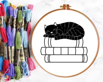 PDF Hand Embroidery Pattern, Cute Sleeping Cat, Stack Of Books, Beginner Friendly, Modern Design, Book Lover, Multiple Sizes, Printable