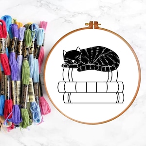 PDF Hand Embroidery Pattern, Cute Sleeping Cat, Stack Of Books, Beginner Friendly, Modern Design, Book Lover, Multiple Sizes, Printable