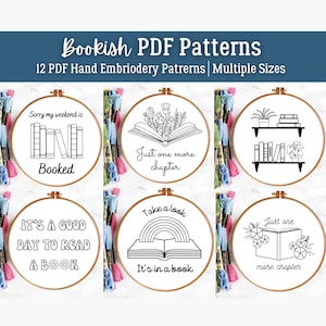 PDF Embroidery Pattern Pack, Bookish, Book Lover, 12 Designs, Multiple Sizes, Beginner friendly, Modern Hand Embroidery, Printable