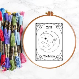 PDF Embroidery Pattern, Modern Hand Embroidery, The Moon Tarot Card, Witchy, Celestial Design, Instant Download, Printable