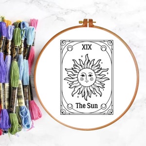 PDF Embroidery Pattern, Modern Hand Embroidery, The Sun Tarot Card, Witchy, Celestial Design, Instant Download, Printable