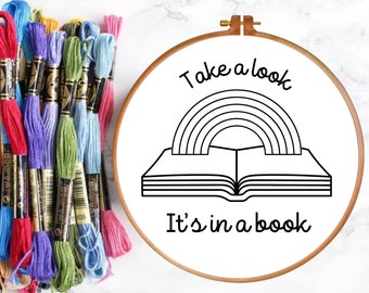 PDF Hand Embroidery Pattern, Reading, Rainbow, Take A Look, Beginner Friendly, Book Lover, Retro Design, Multiple Sizes, Printable