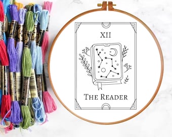 PDF Hand Embroidery Pattern, The Reader Tarot Card, Bookish Witchy Beginner Friendly Design, Multiple Sizes, Printable