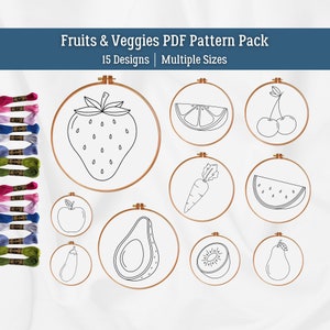 May include: A set of 15 embroidery patterns featuring fruits and vegetables. The patterns are in black and white and are arranged in a grid on a white background. The patterns include a strawberry, a lemon slice, two cherries, a carrot, a watermelon slice, an apple, an avocado, a kiwi slice, a pear, and an eggplant.