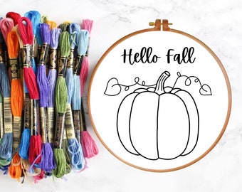 PDF Hand Embroidery Pattern, Hello Fall, Pumpkin, Autumn, Printable, Multiple Sizes, Beginner Friendly