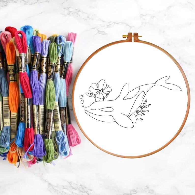 PDF Hand Embroidery Pattern, Orca Whale, Ocean, Flower, Killer Whale ...