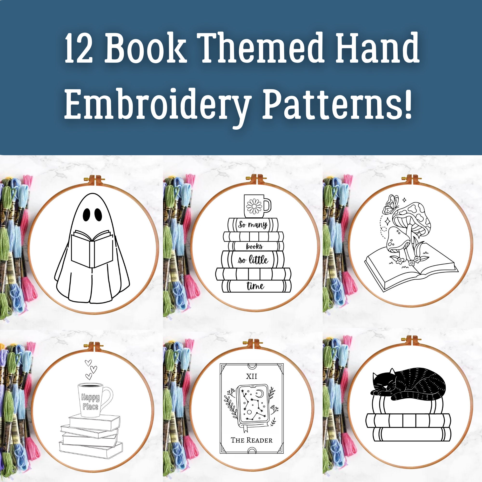 PDF Embroidery Pattern Pack, Bookish, Book Lover, 12 Designs, Multiple ...