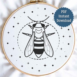 PDF Hand Embroidery Pattern, Beginner, Bee, Celestial, Witchy, Moon, Stars, Nature, Multiple Sizes, Printable