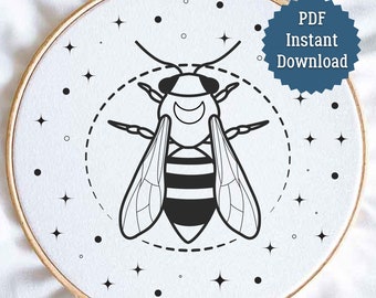 PDF Hand Embroidery Pattern, Beginner, Bee, Celestial, Witchy, Moon, Stars, Nature, Multiple Sizes, Printable