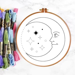 PDF Embroidery Pattern, Beginner Embroidery, Multiple Sizes, Modern Hand Embroidery Design, Moon And Stars, Celestial, Witchy