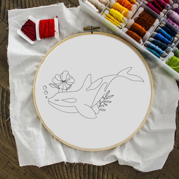 PDF Hand Embroidery Pattern, Orca Whale, Ocean, Flower, Killer Whale, Beginning Friendly, Printable, Multiple Sizes