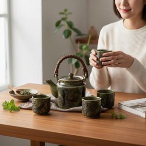Vintage Otagiri Happu Folkware Tea Set, Green Stoneware, Bamboo Handle, 6 Cups