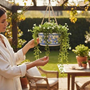 May include: A hanging planter with trailing greenery and small white flowers. The ceramic pot has a blue and white floral design. The planter is suspended by a natural rope, creating a decorative element for outdoor spaces. The image is taken in a garden setting.