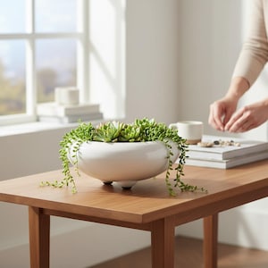 May include: A white, oval-shaped ceramic planter filled with green succulents and trailing plants. The planter sits on a wooden table with a window in the background. The planter is approximately 12 inches long.