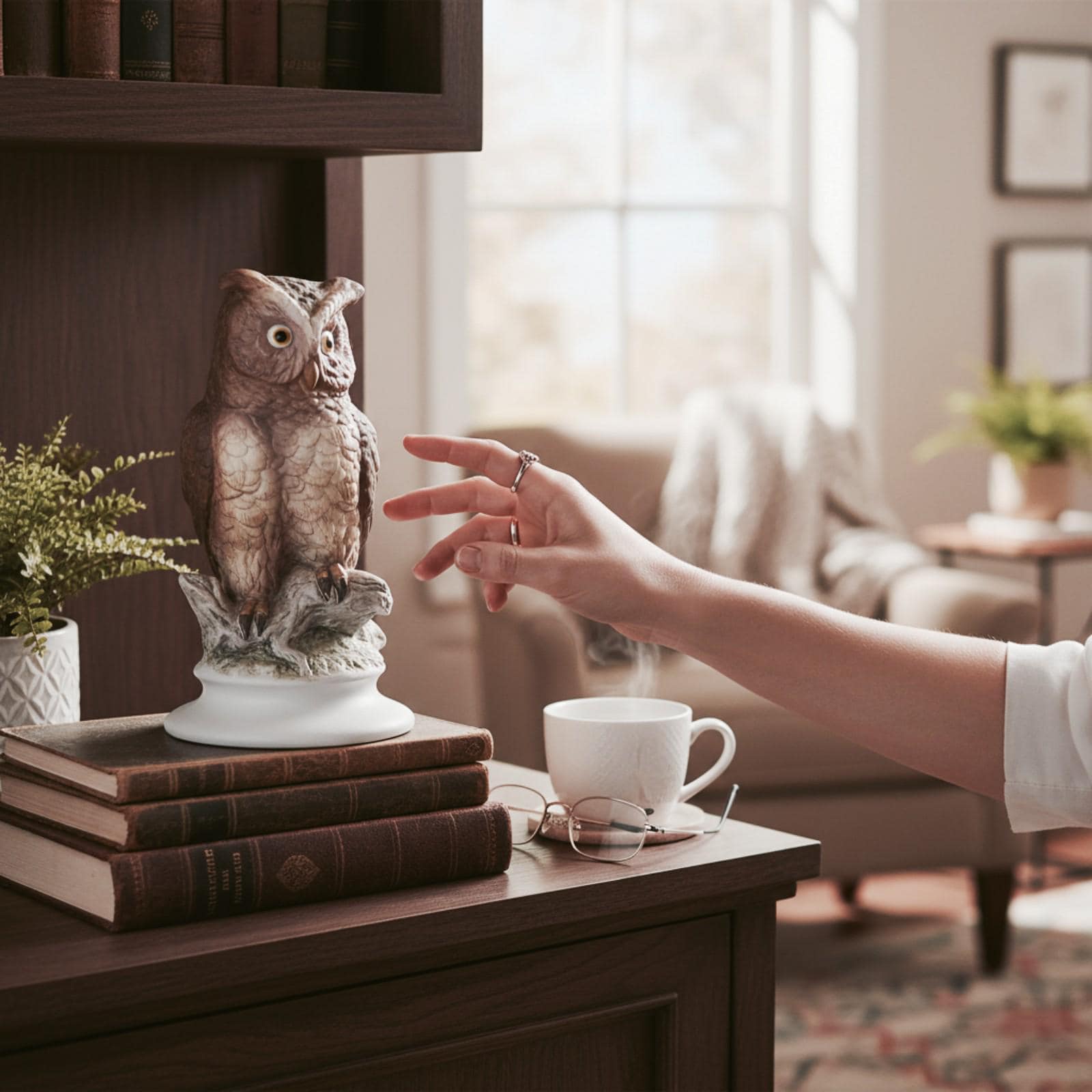 Whimsical Watcher of the Woods Owl Figurine, vintage Lefton bisque, brown woodland Bird