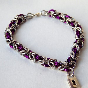8 Inch Purple and Silver Aluminum Byzantine Bracelet with Lock Charm