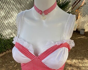 Red & White Gingham Crop Top Choker Set coquette bows lace bow plaid country cottage core lingerie bustier tank collar upcycled cosplay cute