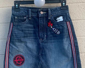 Anarchy in the USA Skirt blue jean denim patch patches punk rock tooth molotov cocktail goth upcycled diy red black y2k 90s alt riot grrrl