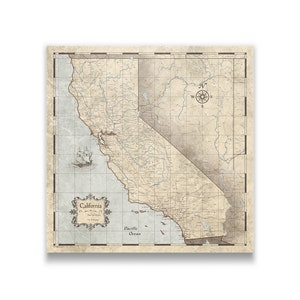 California Travel Push Pin State Map - Rustic Vintage Cork Push Pin Canvas (Rustic Vintage Style)
