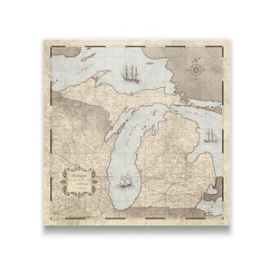 Michigan Travel Push Pin State Map - Rustic Vintage Cork Pin Board Canvas (Rustic Vintage Style)
