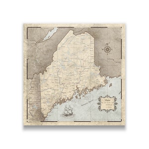 Maine Travel Push Pin State Map - Rustic Vintage Cork Pin Board Canvas (Rustic Vintage Style)