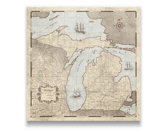 Michigan Travel Push Pin State Map - Rustic Vintage Cork Pin Board Canvas (Rustic Vintage Style)