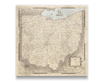 May include: A vintage-style map of Ohio, featuring a detailed depiction of the state's geography. The map is printed on aged paper with a sepia tone, and includes a compass rose, a ship illustration, and the state name in an ornate frame.