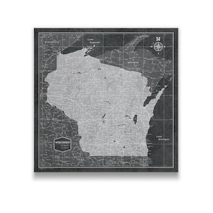 Wisconsin Travel Push Pin State Map - Modern Cork Pin Board Canvas (Modern Slate Style)