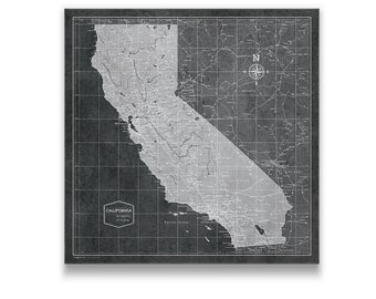 California Travel Push Pin State Map - Modern Cork Push Pin Canvas (Modern Slate Style)