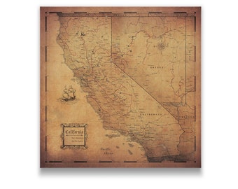 California Travel Push Pin State Map - Antique Aged Cork Push Pin Canvas (Golden Aged Style)