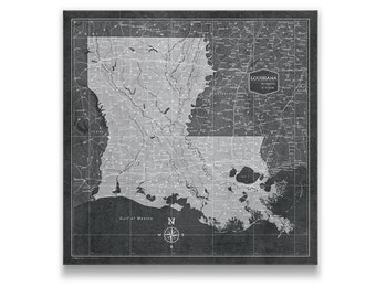 Louisiana Travel Push Pin State Map - Modern Cork Pin Board Canvas (Modern Slate Style)