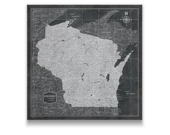 Wisconsin Travel Push Pin State Map - Modern Cork Pin Board Canvas (Modern Slate Style)