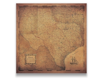 Texas Travel Push Pin State Map - Antique Aged Cork Pin Board Canvas (Golden Aged Style)