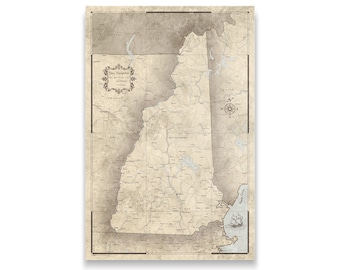 New Hampshire Travel Push Pin State Map - Rustic Vintage Cork Pin Board Canvas (Rustic Vintage Style)