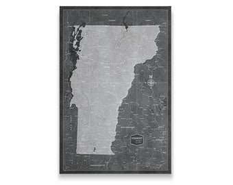 Vermont Travel Push Pin State Map - Modern Cork Pin Board Canvas (Modern Slate Style)