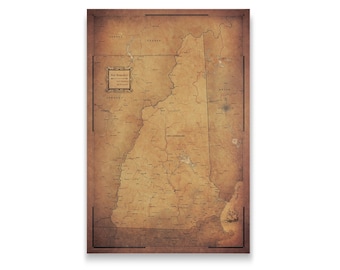 New Hampshire Travel Push Pin State Map - Antique Aged Cork Pin Board Canvas (Golden Aged Style)