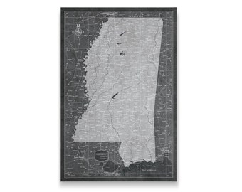 Mississippi Travel Push Pin State Map - Modern Cork Pin Board Canvas (Modern Slate Style)