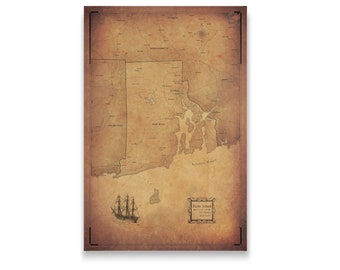 Rhode Island Travel Push Pin State Map - Antique Aged Cork Pin Board Canvas (Golden Aged Style)