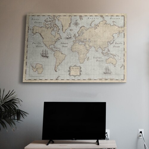 Push Pin World Map Rustic Vintage Cork Pin Board Canvas Etsy