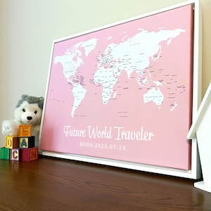 Push Pin Mini World Travel Map (Color: Rose Quartz) - Personalizable Cork Pin Board Canvas Gift