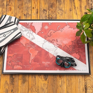 World Push Pin Scuba Map - Pin Board - Red and White - Gift for Scuba Divers - Conquest Maps