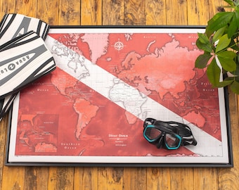 Mapa świata do nurkowania z pinezkami - Tablica korkowa - Czerwony i biały - Prezent dla nurków - Mapy podboju