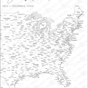 May include: A black and white map of the United States with state names and major cities labeled. The map is titled "Conquest Maps - Leigh's Adventures - 2012 | Columbus, Ohio".