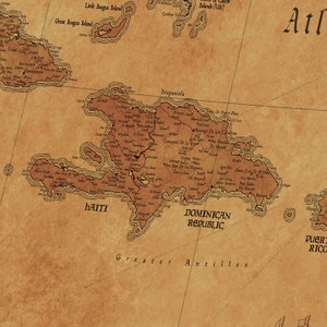 May include: An antique-style map of Hispaniola, the island that includes Haiti and the Dominican Republic. The map is drawn in brown ink on a parchment-like background. The map shows the island's coastline, major cities, and rivers. The text "Haiti" and "Dominican Republic" are labeled on the map.