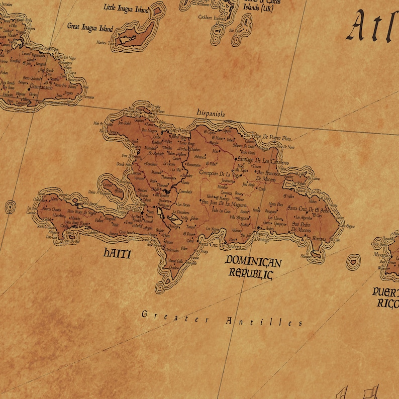 May include: An antique-style map of Hispaniola, the island that includes Haiti and the Dominican Republic. The map is drawn in brown ink on a parchment-like background. The map shows the island's coastline, major cities, and rivers. The text "Haiti" and "Dominican Republic" are labeled on the map.